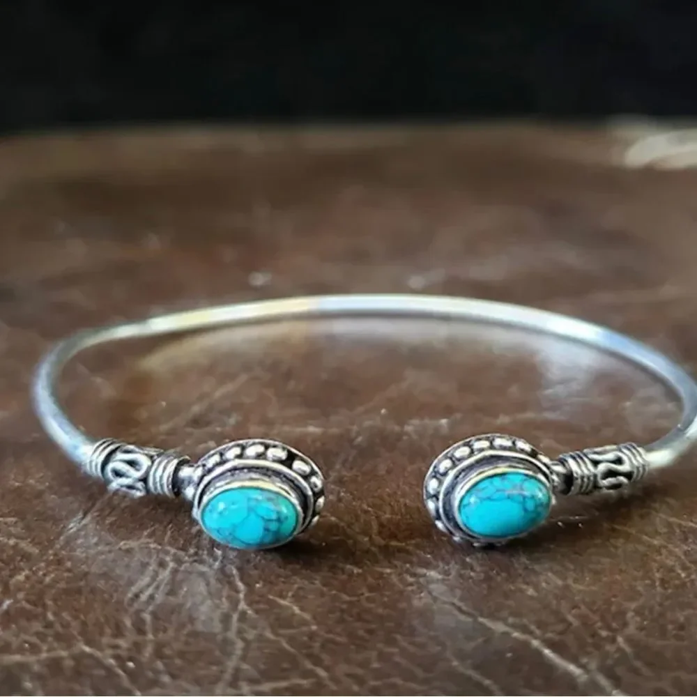 Bohemian Open Cuff Turquoise Bangle Bracelet Silver and Gold Pated